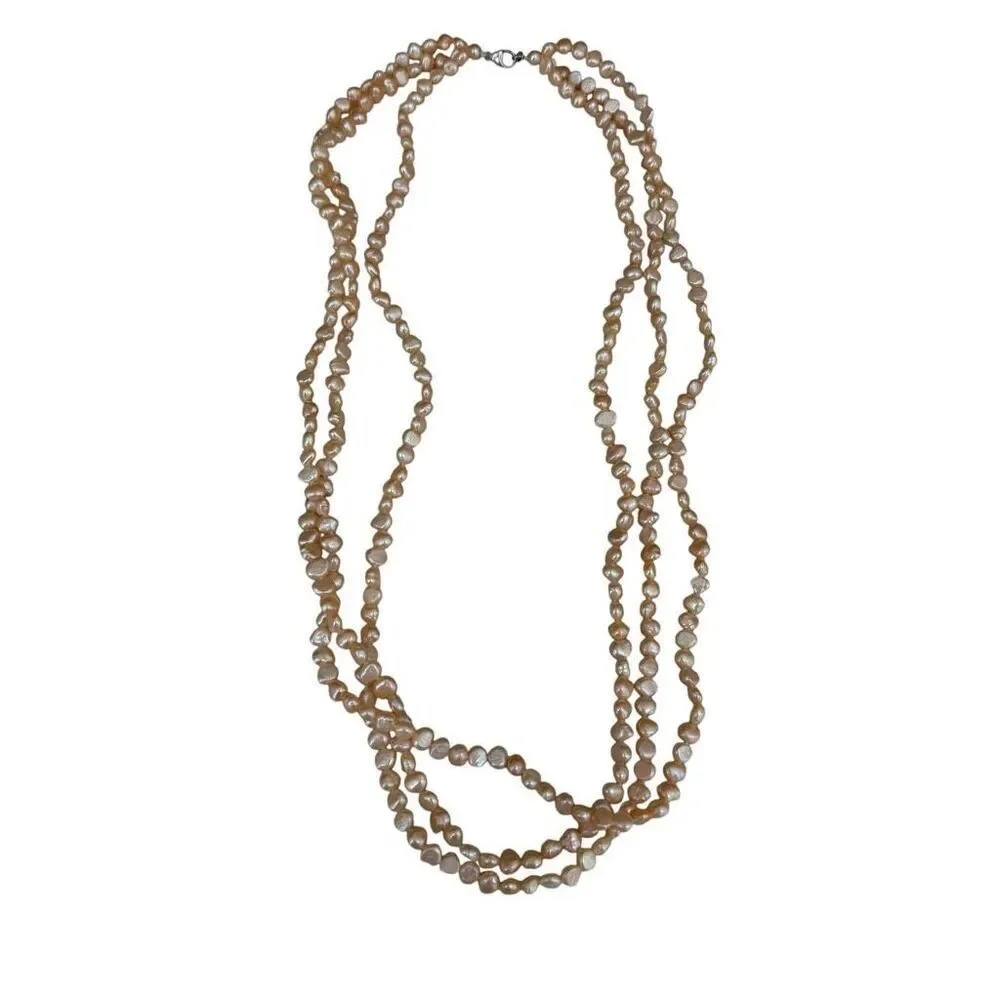 Vintage Freshwater Peach  Pearl Triple Strand Necklace Sterling Silver 925 clasp